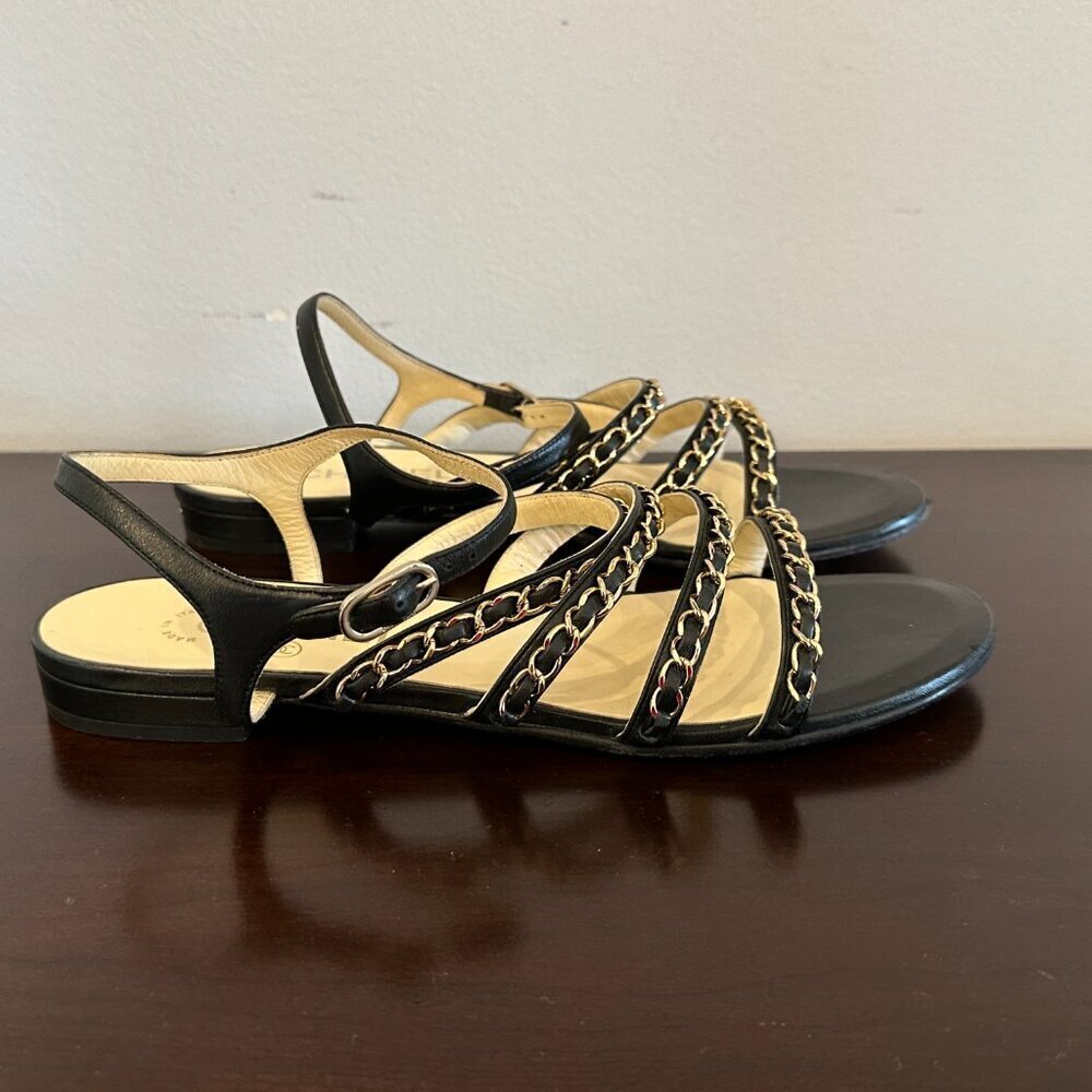 Chanel Black Leather CC Logo Chain Strap Women's Sandals Sz 40 Made in Italy - Picture 7 of 16